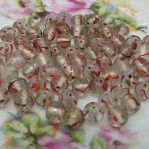 Pack of 50 Vintage Transparent with Red & Gold Leaf Design Gilded Glass Beads 9mm Round for Jewelry Crafts