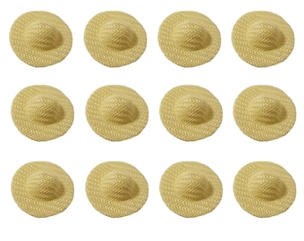 Pack of 12 Ivory Natural Woven Wicker Round Straw Sun Hats Miniature 1-3/4" for Dolls, Bears, or Crafts