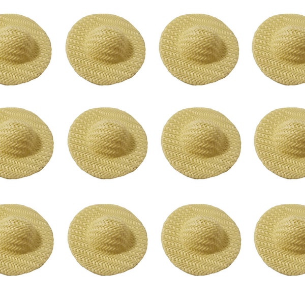 Pack of 12 Ivory Natural Woven Wicker Round Straw Sun Hats Miniature 1-3/4" for Dolls, Bears, or Crafts