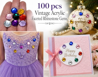 Vintage 12mm Acrylic Faceted Rhinestones, Flat Back Glue On Craft Gems, Assorted Colors, Card Making, Costumes, Christmas Crafts