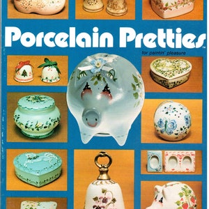 May include: A collection of porcelain figurines and home decor items ready to be painted.  The items include a piggy bank, a shoe, a bell, a heart-shaped box, a round box, and a set of salt and pepper shakers.  The text "Porcelain Pretties for paintin' pleasure" is at the top of the image.