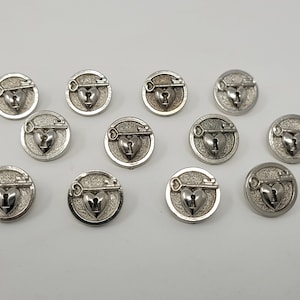 12 pcs Heart Shaped Lock & Key Silver or Gold Molded Plastic Sewing Buttons 14mm Round Vintage