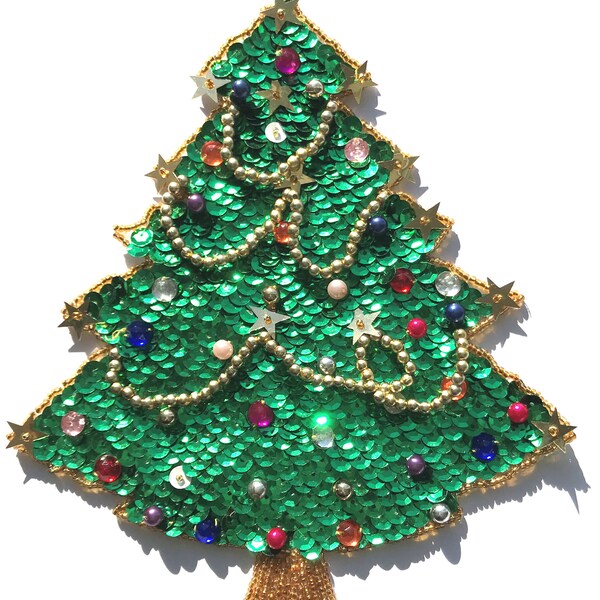 Large Christmas Tree Beaded Sequined Sew-On Applique Craft Patch Sewing Embellishment Vintage