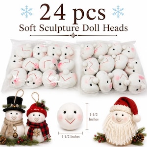 May include: A set of 24 white soft sculpture doll heads in plastic bags, featuring pink cheeks and red stitched mouths. Includes two snowman figures with hats and scarves, and a Santa figure with a beard, measuring 1-1/2 inches by 1-1/2 inches.