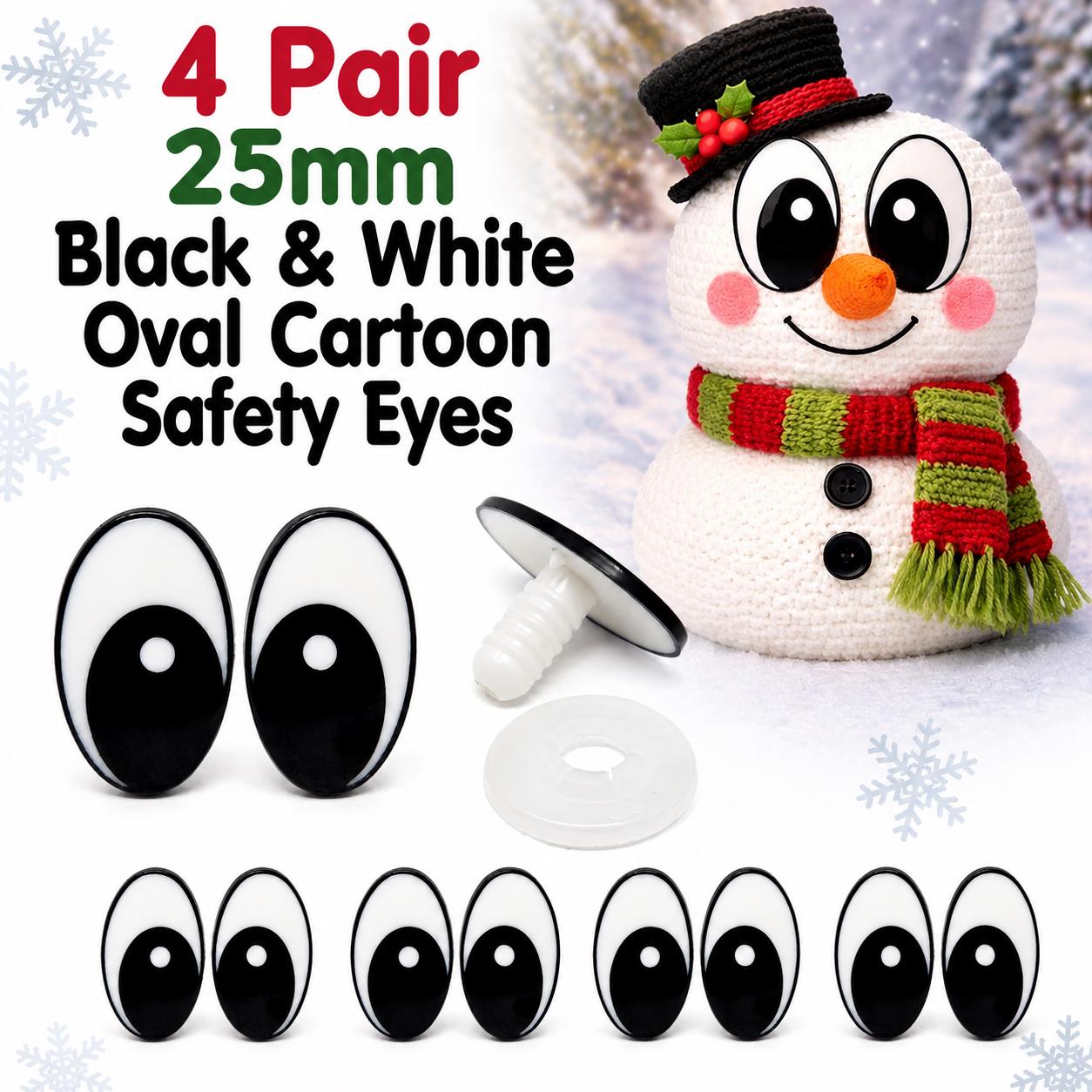 4 Pair Zim's Vintage 25mm Black & White Oval Comical Cartoon