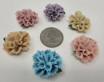 6 grandes têtes de fleurs d'oeillets en porcelaine, céramique, 28 mm, camées, cabochons de fleurs vintage