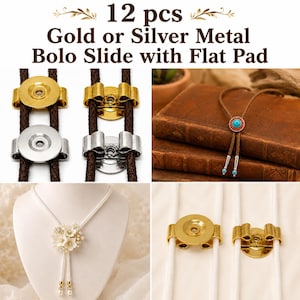 Puede incluir: Un juego de 12 pasadores bolo de metal dorado o plateado con base plana, diseño circular y clips laterales para sujetar cordones. Se muestran en varias configuraciones sobre cordones marrones y blancos, incluyendo un ejemplo de corbata bolo.