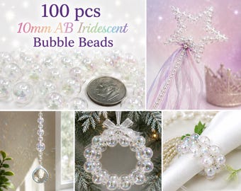 100 szt. 10 mm AB Iridescent Bubble Beads, przezroczyste plastikowe koraliki Bubble, okrągłe perły akrylowe Aurora Borealis, rękodzieło koralikowe, tworzenie biżuterii