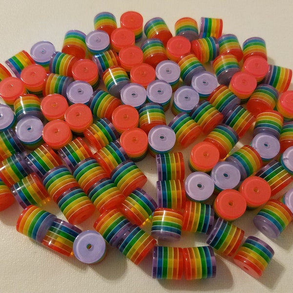 Lot of 100 Multi-Color Rainbow Striped 10mm Column Resin Rainbow Beads Jewelry Crafts Pride
