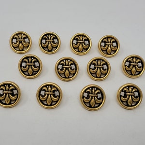 12 botones de plástico moldeados con diseño de flor de lis, dorados o plateados antiguos, redondos, vintage, de 13 mm (1/2") o 16 mm (redondo)