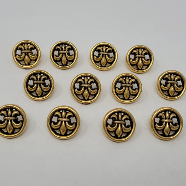 12 pcs Fleur de Lis Antique Gold or Silver Molded Plastic Sewing Shank Buttons Round Vintage 13mm 1/2" Round