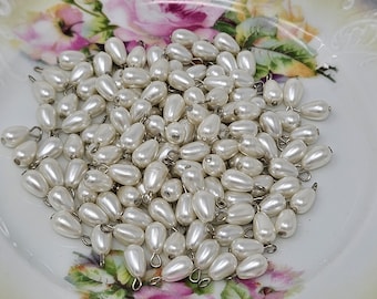 144 pcs 5mm x 8mm Teardrop White Pearl Beads with Silver Metal Loop