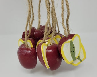 Pack of 12 Vintage Wood Red Apples on Jute Twine String for Primitive Country Crafts, Kitchen Decor
