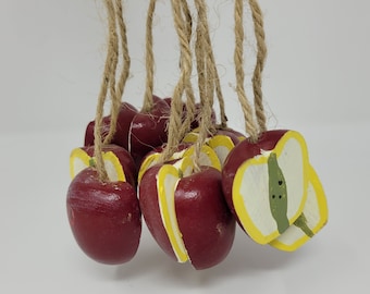 Pack of 12 Vintage Wood Red Apples on Jute Twine String for Primitive Country Crafts, Kitchen Decor