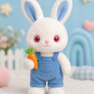 Puede incluir: Un juguete de peluche de conejo blanco con orejas largas con acentos interiores azules, ojos grandes de color rosa oscuro y una nariz peque&ntilde;a de color rosa. El conejo lleva un peto de estilo vaquero azul con dos botones y sostiene una peque&ntilde;a zanahoria naranja con hojas verdes.