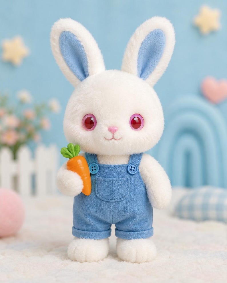 Puede incluir: Un juguete de peluche de conejo blanco con orejas largas con acentos interiores azules, ojos grandes de color rosa oscuro y una nariz peque&ntilde;a de color rosa. El conejo lleva un peto de estilo vaquero azul con dos botones y sostiene una peque&ntilde;a zanahoria naranja con hojas verdes.
