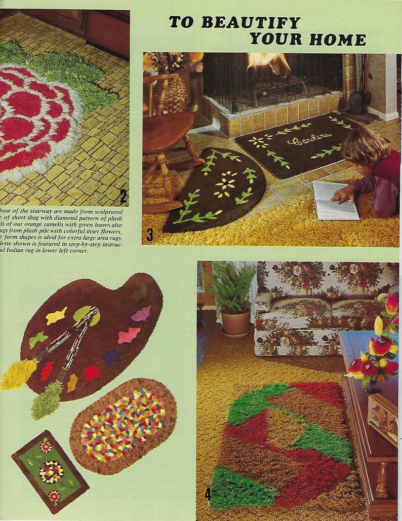 May include: An assortment of colorful shag rugs in various shapes and designs. One rug is shaped like a painter's palette with paintbrushes and paint splotches. Another rug is a floral design, and others have geometric patterns.