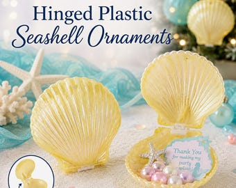 Pack of 10 Hinged Plastic Seashell Ornaments, Pearlized Nautical Christmas Tree Ornaments, Mermaid Party Favor Holders, Beach Wedding Crafts