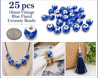 25 Vintage-Keramikperlen mit blauen und weißen Blumenmustern, 16 mm runde Porzellanperlen mit großem Loch, Schmuckzubehör im Chinoiserie- und Delfter-Stil