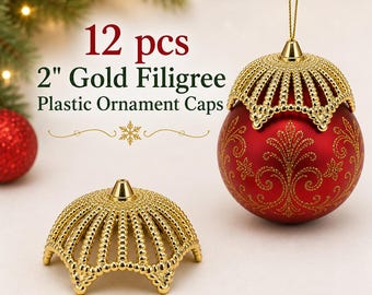 Pack of 12 Ornate 2" Gold or Silver Filigree Christmas Ornament Crowns Caps Tops for Decorating Making Craft Ornaments