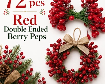 72 pcs Red Holly Berry Stamens - Vintage Double-Ended Berry Peps - Christmas Wreath, Millinery & Floral Craft Supply