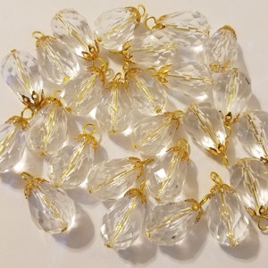 Pack of 25 Gold Filigree Capped Crystal Clear Acrylic Plastic Large 22mm Teardrop Prism Faceted Beads Pendants