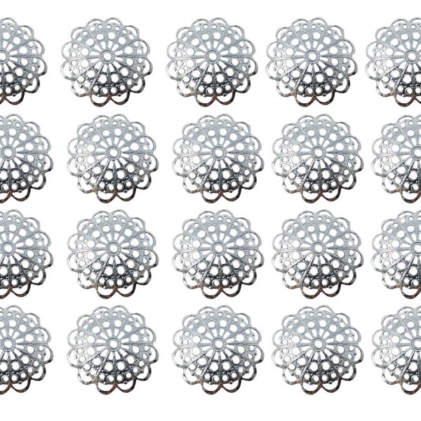 20 pcs Vintage Silver Metal Filigree Round Scalloped Disk Disc Embellishments Craft Findings