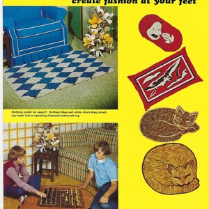 May include: A vintage magazine page with the headline "LET'S CUT A RUG". It features a blue and white diamond-patterned rug, cat-shaped rugs, and a rug that reverses to a chess board. The text reads "from ordinary carpet scraps".