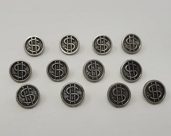 12 pcs Dollar Sign Symbol Antique Silver or Gold Plastic Sewing Shank Buttons 1/2" Round Vintage