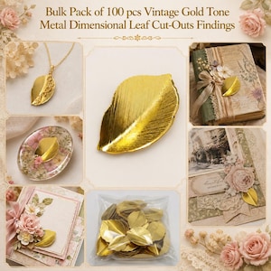 May include: A bulk pack of 100 pieces of vintage gold tone metal dimensional leaf cut-outs. The set includes individual leaf findings shown as jewelry, embedded in resin, and used as decorative accents on scrapbooks and paper craft projects.
