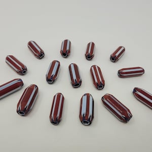 15 pcs Maroon, White & Blue Striped 26mm Sunburst Tube Layered Glass Chevron Jewelry Beads Made in India