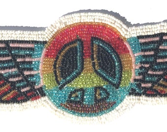 Peace Symbol with Wings Beaded Sequined Sew-On Applique Craft Patch Sewing Embellishment Vintage