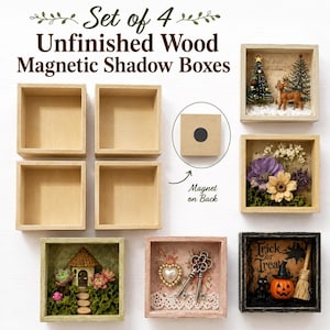 Juego de 4 cajas de sombra magnéticas de madera sin acabado / Mini cajas de exhibición / Cajas para manualidades DIY / Marcos de madera para pintar / Mini cajas de recuerdo tipo diorama
