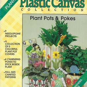May include: A collection of five colorful plastic canvas plant pot covers and four charming pokes to stick beside a plant. The designs include a watermelon, flowers, and a bird. The pattern is charted and includes instructions for needlepoint projects. Plaid's Plastic Canvas Collection: Plant Pots & Pokes by Lynn Mathews-Hesson.
