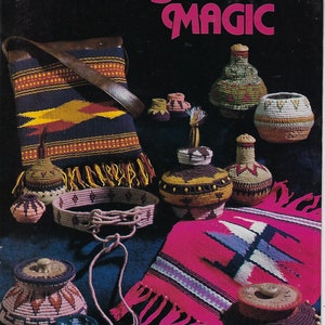 May include: A book titled "Basket Magic" with a price tag of $1.50. The cover features a variety of colorful woven baskets, including a bag, a round basket, a tall vase-shaped basket, and a small round basket. The baskets are made with different colored yarns and have intricate patterns.