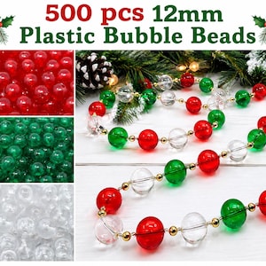 500 Vintage 12mm Transparent Plastic Bubble Beads, Clear Red Green Round Craft Beads, Christmas Garland DIY Craft Supplies