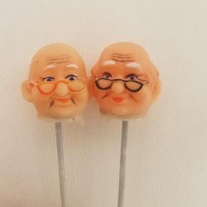 Pair of Miniature Vinyl Grandma & Grandpa Old Man Woman Doll Heads on Wire Pick for Craft Doll Making