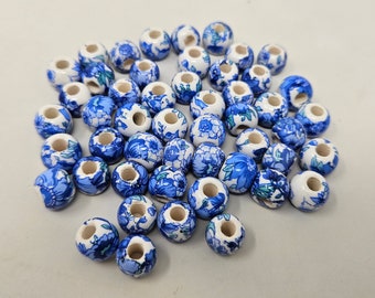 Lot of 50 Vintage Blue & White Painted Floral Flower 10mm Round Ceramic Craft Jewelry Beads