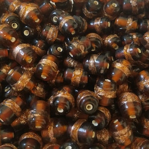 Pack of 50 Clear or Tortoise Brown & Copper Bronze Vintage Gilded Glass 10mm Drum Barrel Beads for Jewelry Crafts
