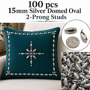 100 Silver Domed Oval 2-Prong Studs, 15mm Metal Prong Nailheads, Upholstery Studs, Leathercraft Hardware, Decorative Studs, Denim Trim