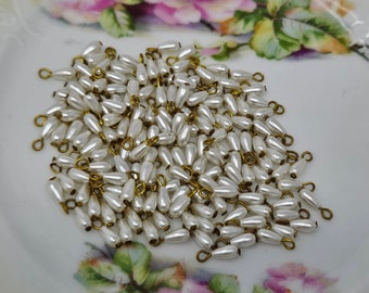 144 pcs 3mm x 6mm Teardrop White Pearl Beads with Gold Metal Loop