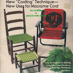 May include: A magazine cover titled "Furniture Fan-Fare" featuring three chairs and a footstool with woven seats. The chairs and footstool are made with a "cording" technique. The cover also includes text about making lawn furniture.