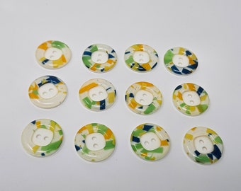 12 pcs Vintage Shantz Multi-color Geometric Lucite Plastic Flat Sewing Buttons 15mm or 22mm Round