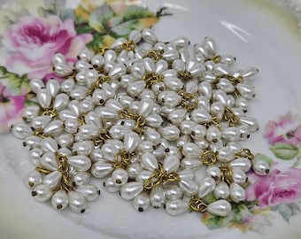 72 pcs 5mm x 7mm Teardrop White Pearl Triplet Cluster Beads on Gold Metal Loop