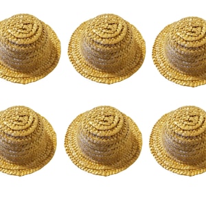 Pack of 6 Natural Straw Wicker Sun Hats Miniature 4-1/2" for Crafts, Dolls, Bears