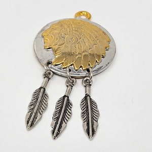 Vintage Indian Tribal Chief Gold & Silver Metal Charm Pendant with Drop Leaves Craft Jewelry