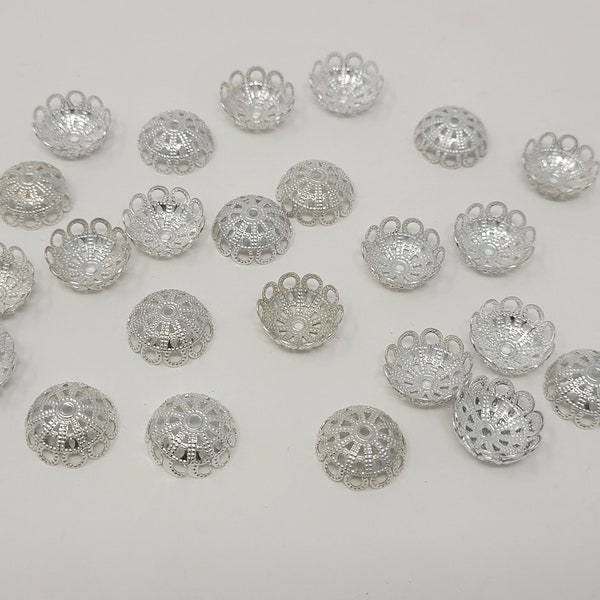 Pack of 25 Silver Tone Metal Filigree Bell Bead Caps 15mm Round Vintage Victorian Beading