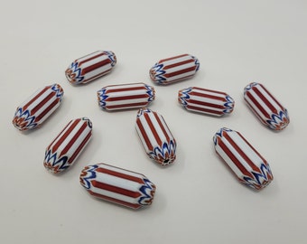 10 pcs Large Vintage Red White Blue Striped Sunburst Layered Glass Chevron Jewelry Beads Made India