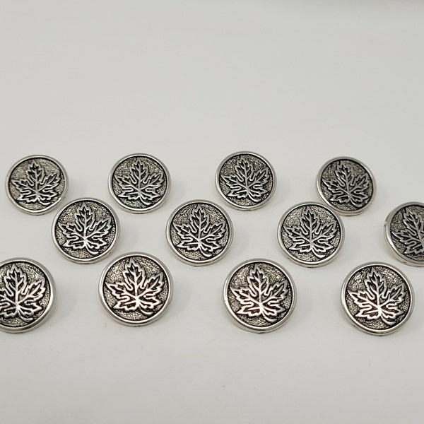 12 pcs Maple Leaf Antique Silver or Gold Molded Plastic Sewing Shank Buttons Round Vintage