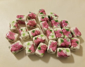 Lot of 25 Vintage Pink & White Painted Pastel Floral Flower Rectangular Ceramic Craft Jewelry Beads